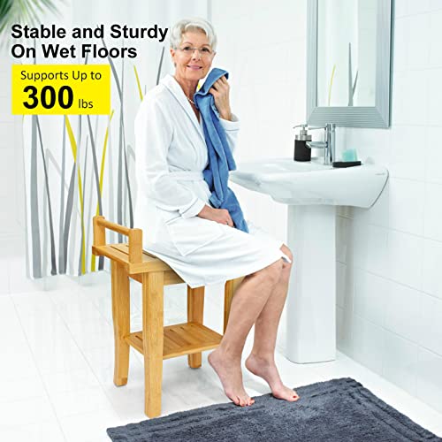 Shower Stool For Inside Shower Bamboo Shower Bench For Elderly And Disabled, Shower Seat Waterproof With Storage Shelf For Shaving Legs,Spa Seat Bath Stool For Bathroom Anti Slip For Safety,15" 350Lbs #TOP2