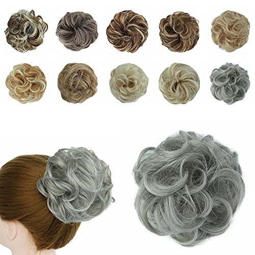 Messy Hair Bun Scrunchies Wavy Curly Synthetic Hair Extensions Donut Chigons Updo Hairpieces (Gray, 88A/89A)