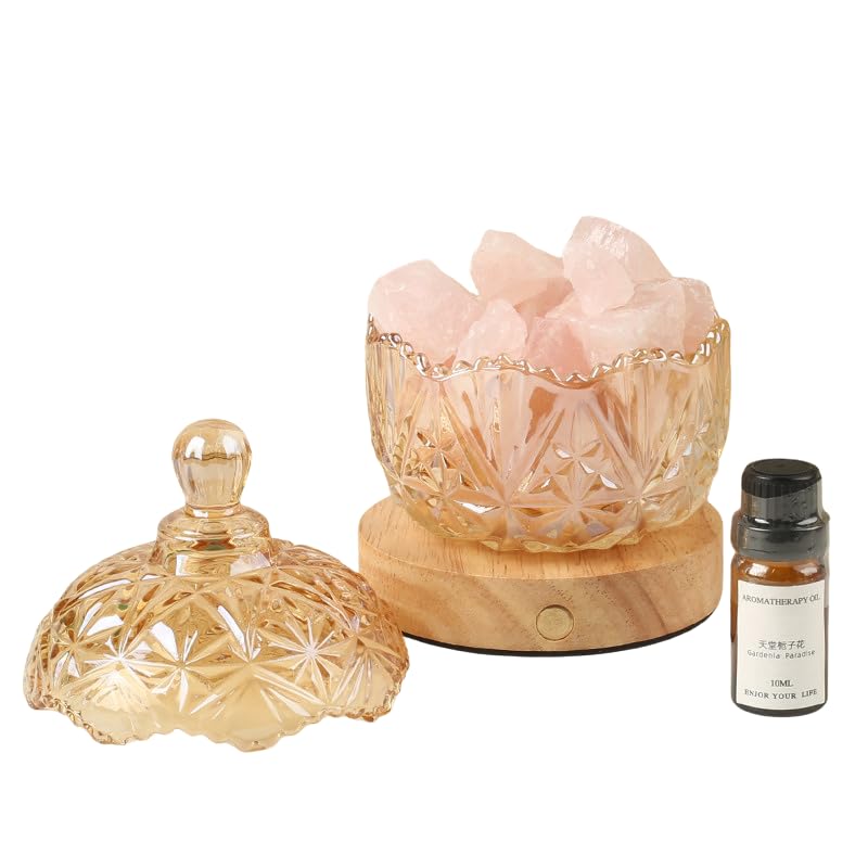 Salt Lamp Diffuser,Flameless Aroma Diffuser, Crystal Essential Oils,Salt Lamp,Wooden Base,USB Plug,Light Intensity Adjustment