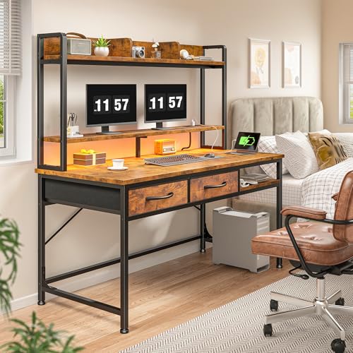 Image of DurayLoly 39.4 inch Office Desk with Shelves & Monitor Stand, Computer Desk with Hutch&Drawers, LED Lights & Power Outlet, for Modern Home Office & Bedroom, Small Space, Rustic Brown