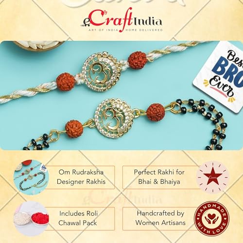 Image of eCraftIndia Om Rudraksha Designer Bhaiya Bhabhi Rakhis with Best Bro Ever Fridge Magnet | Set of 2 Rakhi for Brother and Bhabhi | Lumba Rakhi | Roli Chawal Pack