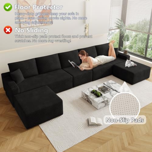 Image of Oversized Modular Sectional Sofa Couch, Large 7 Seater Corner Sofa Modern U Shaped Sectional Couch with Ottoman Cloud Couches for Living Room, Office, Spacious Space, Corduroy, No Assembly, Black