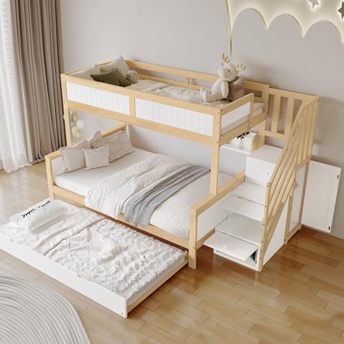 Kinderbett 90x200&120*200 cm, Etagenbett fur 3 Kinder, Hochbett mit Bücherregal, Kleiderschrank, Ausziehbett und Stauraumtreppe, Funktionsbett Stockbett Kinderhochbett Jugendhochbett, Ohne Matratze