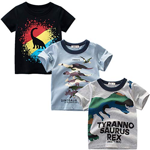 AdaliaFaye Toddler Little Boys Kids 3-Pack Dinosaur Short Sleeve Crewneck Cotton Soft T-Shirts Top Tee Size 2-7 Years