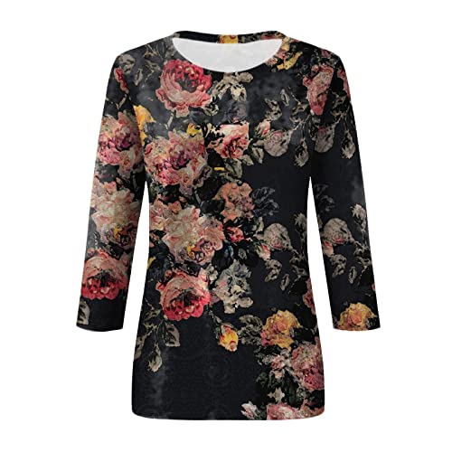 HTHLVMD Womens 3/4 Length Sleeve Tops 2025 Fall Fashion Floral Print Crewneck Causal Trendy Tunic Tops for Women