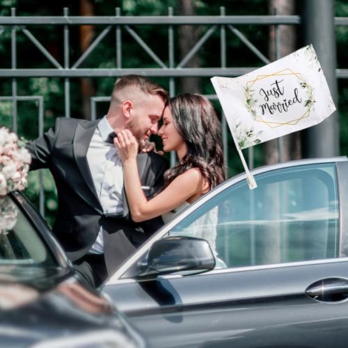 BOFUNX 2 Stücke Just Married Autofahne Hochzeit Autoflagge Hochzeitsfahne Autoschmuck Hochzeitsdeko 47×30cm