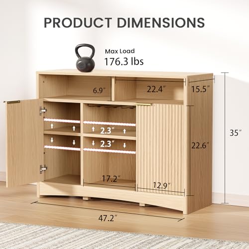 Amada Coffee Bar Cabinet with Wine Glass Rack, 47.2" Buffet Sideboard with Adjustable Shelves, Storage Cabinet for Kitchen,Entryway,Dining Room, Home Bar, Holds 200 lbs, Soft-Close Hinges,Natural Oak - Image 3