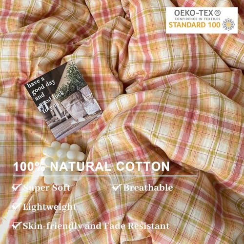 Image of EAVD Vintage Style Gingham Duvet Cover Queen Soft 100% Washed Cotton Bedding Set with Colorful Grid Checkered Reversible Plaid Bedding Set for Men Women Retro Plaid Duvet Cover with Zipper