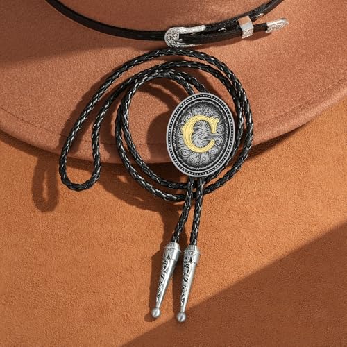 Image of HUABOLA CALYN Bolo tie for Men, Western Cowboy Golden Alphabet Initial Letter ABCDJMR to Y Costume Bolo ties Neckties
