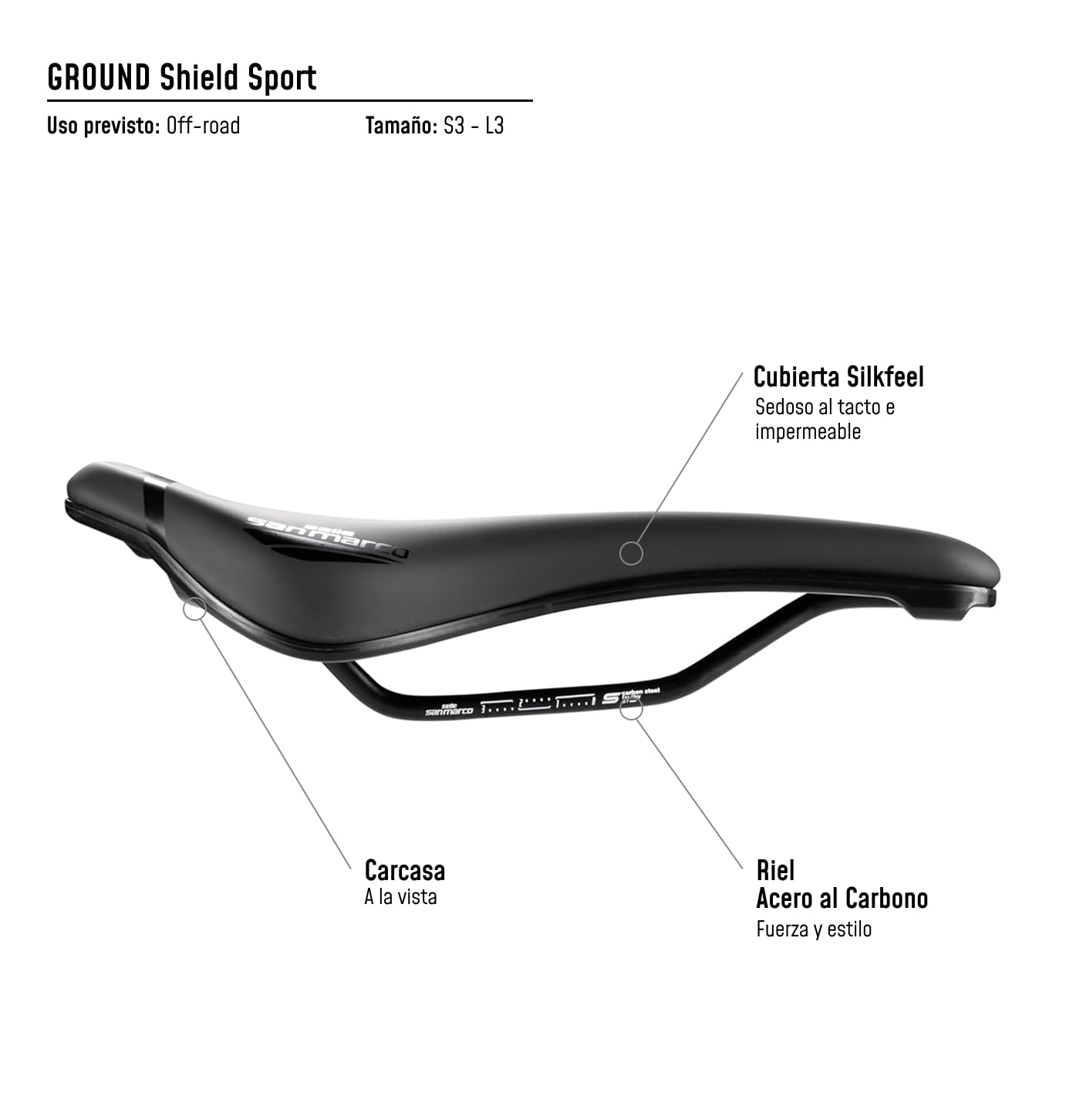Selle San Marco Ground Shield Sport – Sillín MTB/Off-Road con Protector de Barro y Agujero Anatómico, Raíles de Acero