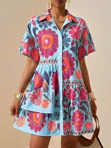 Image of SOLY HUX Women's Floral Button Down Shirt Dress Collared Short Sleeve Ruffle Babydoll Summer Boho Vacation Short Dresses