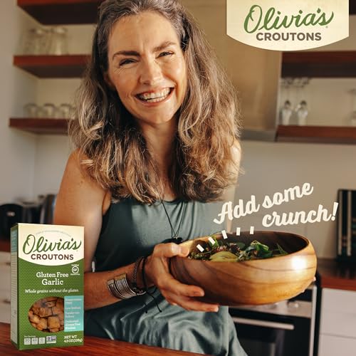 Image of Olivia's Croutons Gluten Free Garlic Croutons, 4.5 oz, 3 Pack | Ancient grain bread, dairy free, vegetarian, salad and soup topping, non gmo