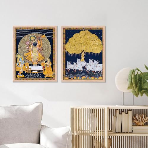 Image of kotart Premium Traditional Wall Art Set of 2 | Kamdhenu Cow Painting | MDF Wooden Framed Pooja Room & Living Room Wall Decor (Art 2, 13x17 inch)