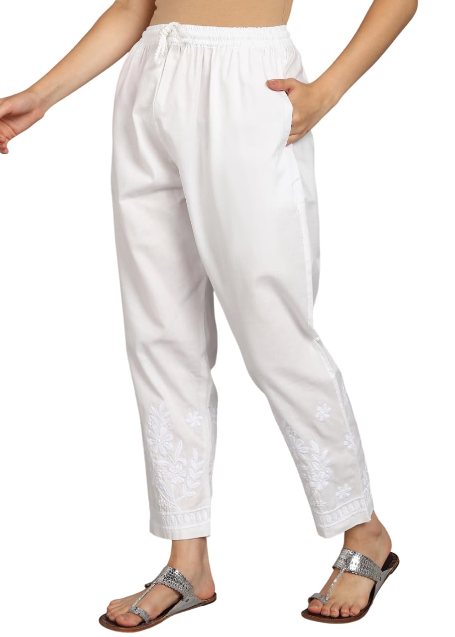 Women Cotton Hand Embroidered Lucknowi Chikankari White Regular Fit Palazzo Pant-picture-17