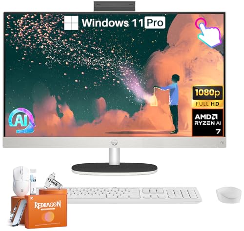 Image of HP 27 inch All-in-One Touchscreen Desktop Computer PC, AMD Ryzen AI 7 350(up to 5.0 GHz), 64 GB DDR5-5600MHz, 4 TB SSD, FHD IPS Display, Copilot+ AI, Win 11 Pro, FHD Cam, BT 5.4, KB & Mouse, Accessories