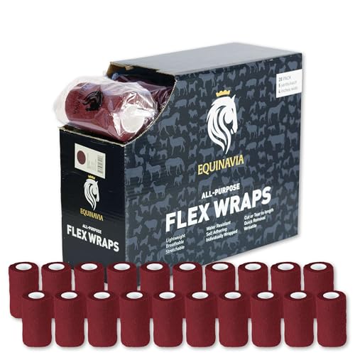 Equinavia 20 Pack Self Adhesive 4 Inch Vet Wraps with Easy-Dispenser Case | Bandages for Horses, Pets, Sports, Tattoo - Black - 20 x 5 yd - Red - 20 x 5 yd