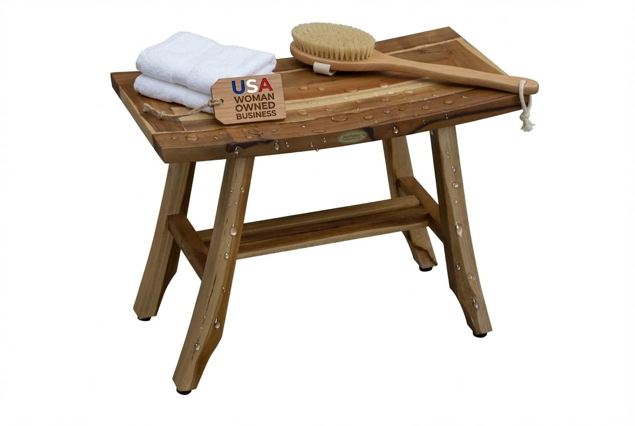 EcoDecors 24 Inch Satori Natural Teak Waterproof Teak Wood Shower Bench Stool Seat Chair for Inside Shower Provides Safety, Storage, and Organization for Bathroom Accessories
