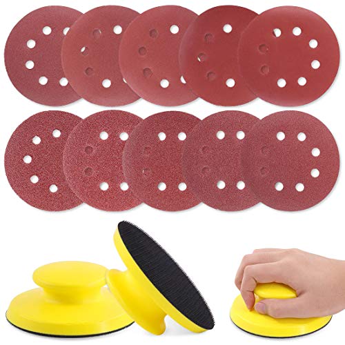 Glarks 62Pcs 5 Inch Hook and Loop Hand Sanding Block Round Sanding Pad Hook Backing Plate with 60Pcs 8 Hole Hook and Loop Sanding Disc Set for Craft, Woodworking, Furniture Repairing (5 Inch)