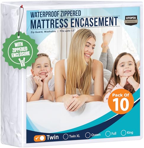 Utopia Bedding Waterproof Mattress Protector Twin Size (Pack of 10), Zippered Mattress Encasement, Absorbent Six-Sided Mattress Cover