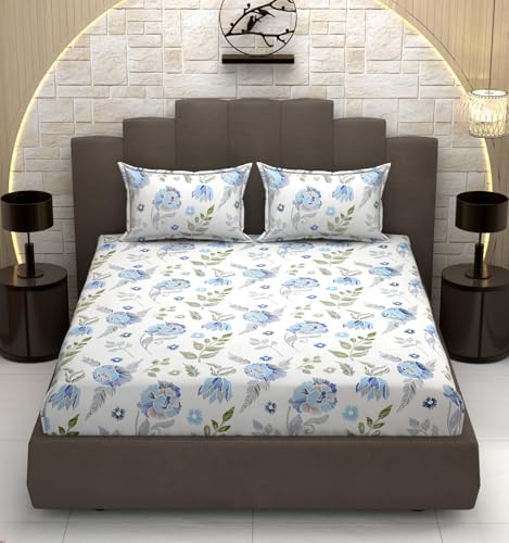 Image of Ezyption Cotton Super Soft 240 TC Elastic Fitted All Around Elastic Printed King Size Double Bed Bedsheet with 2 Pillow Cover 72 inch X 78 inch White Grey