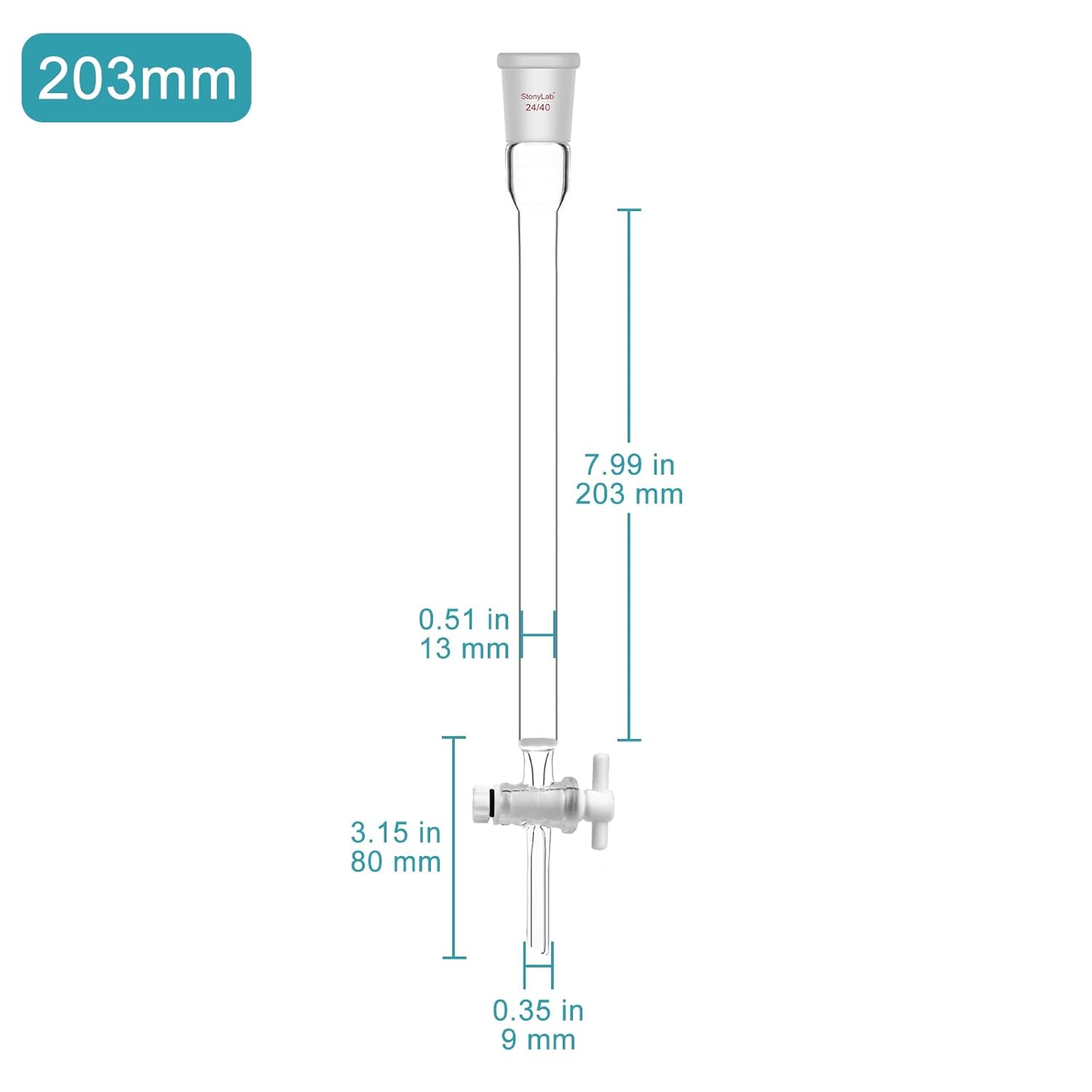 stonylab Borosilicate Glass Chromatography Column with G2 Sand Plate, 13 mm Inner Diameter, 203 mm Effective Length, 24/40 Joint