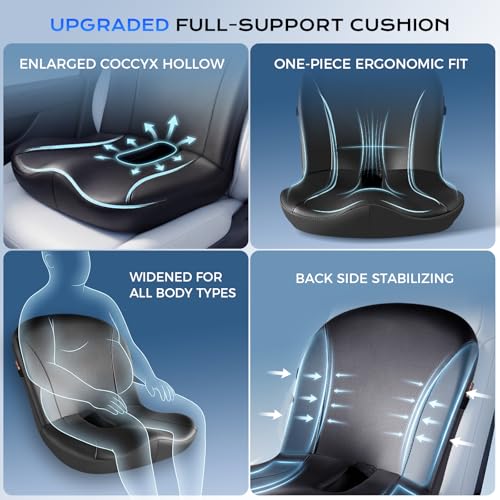 Image of Coverado Car Seat Cushion and Lumbar Support Pillow One Piece, Napa Leather Memory Foam Ergonomic Back Support Driving Seat Cushion for Back Pain, Non-Slip Washable Cushion for Car, Driver, Office
