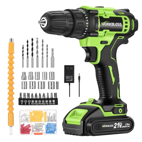 Image of WORKBLESS 21V Power Drill Set, Cordless Drill with Battery and Charger, 3 /8'' Keyless Chuck, Variable Speed, 18+1 Torque Setting and 28pcs Bits Tool Set(Green, 1 Battery)