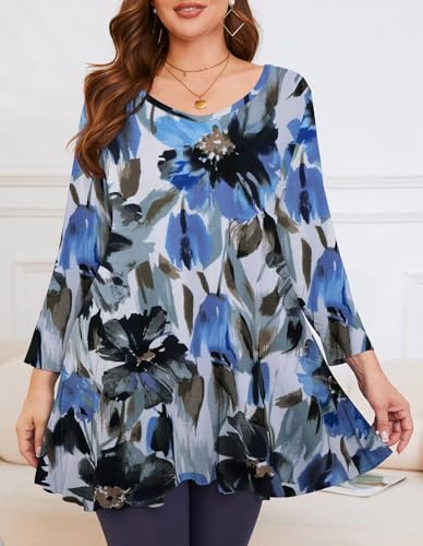 Image of LARACE Tunics 3 /4 Sleeve Plus Size Tops for Women V Neck Loose Fit Flowy Clothing for Leggings