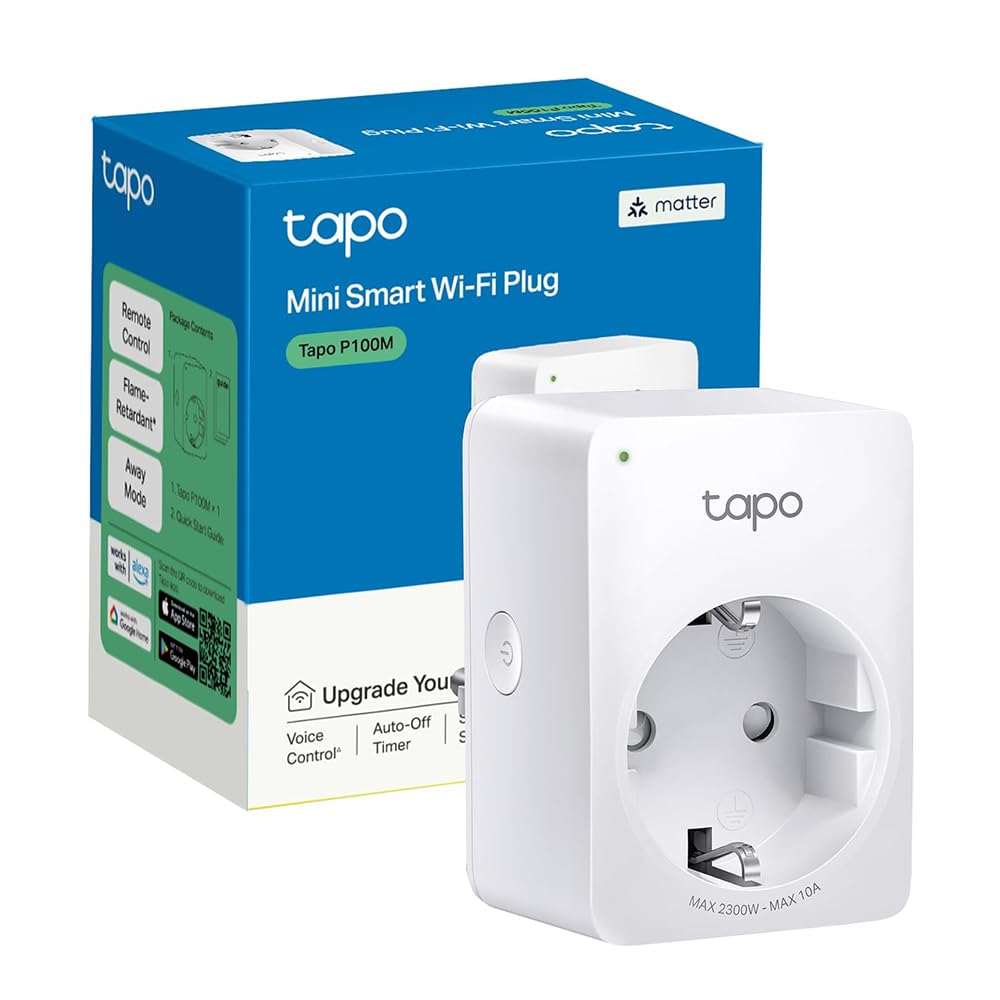 Tapo Tapo Matter Prise Connectée WiFi, Prise Intelligente Compatible avec Alexa, Google Home et SmartThings, 10A Type F, Contrôler Le radiateur, la cafetière, la Lampe à Distance, Tapo P100M