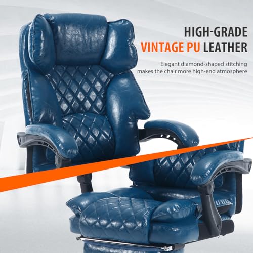 Image of Big Tall Reclining Office Chair with Footrest, 400lbs Ergonomic Recliner Office Desk Chairs with Lumbar Support, Heavy Duty High Back Vintage Leather Executive Computer Chair with Wheels, Blue