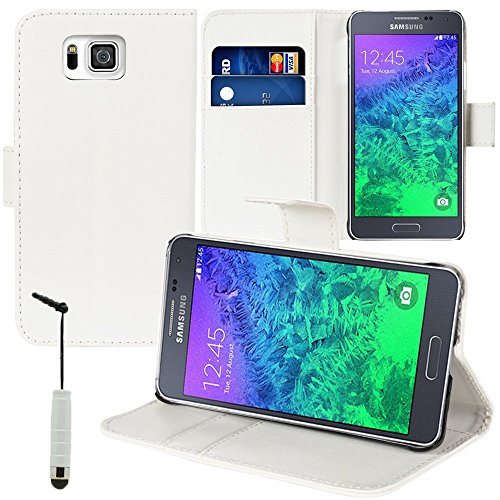 VCOMP® Housse Coque Etui Portefeuille Support Video Livre Rabat Cuir PU pour Samsung Galaxy Alpha SM-G850F/ Galaxy Alfa/Alpha (S801) + Mini Stylet - Blanc