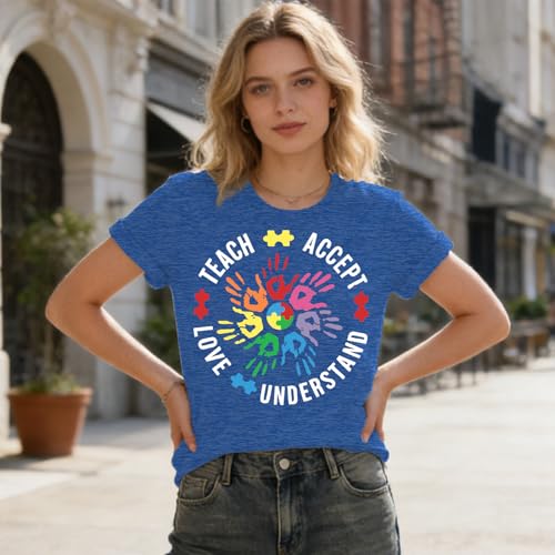 Image of Autism Teach Shirts Women Autism Awareness T Shirt Autism Support Tee Tops Autism Teacher Short Sleeve Shirt