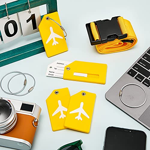 Image of Weewooday 8 Pcs Luggage Straps Suitcase Tags Set for TSA Approved, 4 Travel Adjustable Suitcase Belt, 4 Silicone Luggage Tags with Name ID Card Travel Accessories(Yellow,Airplane)