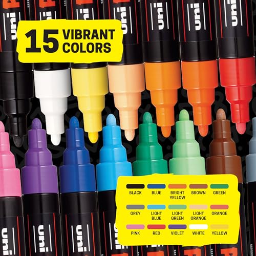 Image of Posca Paint Art Markers, Set of 15 5M Medium Acrylic Markers with Reversible Tips, Artist Recommended Paint Pens for Gifts, Decorations, Fabric, Metal, Windows, Wood and Canvas