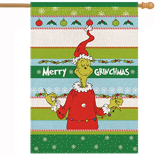 Merry Grinchmas Christmas House Flag Grinch Winter Red Ball Snowflake Burlap Vertical Double Sided Outdoor Decorations 28 x 40 Inch Yard Decor
