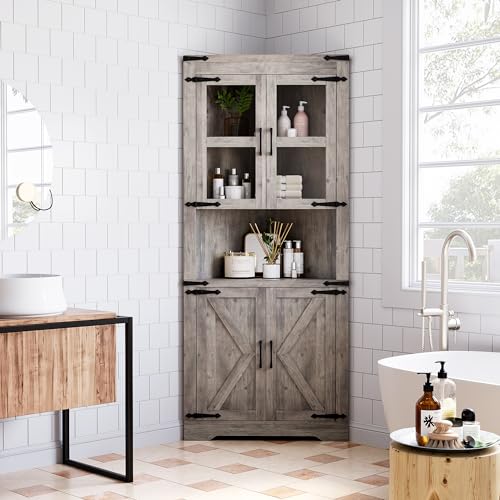 GarveeHome Tall Corner Cabinet, Farmhouse Corner Storage Cabinet with Glass Door & Adjustable Shelves, Space Saving Storage for Living Room, Kitchen, Bathroom, Washed Grey