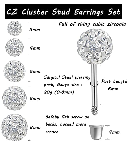 Showself Small Ball Stud Earrings Cz Cluster Stud Earrings White Round Stud Earrings Set For Women Girls, Pack Of 5 Pairs (3Mm 4Mm 5Mm 6Mm 8Mm) #TOP4