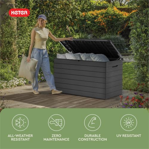 Image of Keter Astoria 150 Gal Outdoor Storage Box for Patio and Pool Accessories | Grey, Resin, Large, Weatherproof, Lockable, Hydraulic Pistons, Easy Assembly, Organization, Patio Cushions Storage