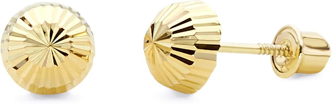 14k Yellow Gold Half Ball Diamond Cut Stud Earrings with Screw Back - 6 Different Size Available