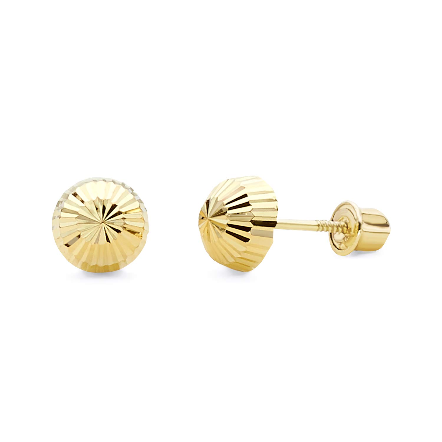 14k Yellow Gold Half Ball Diamond Cut Stud Earrings with Screw Back - 6 Different Size Available