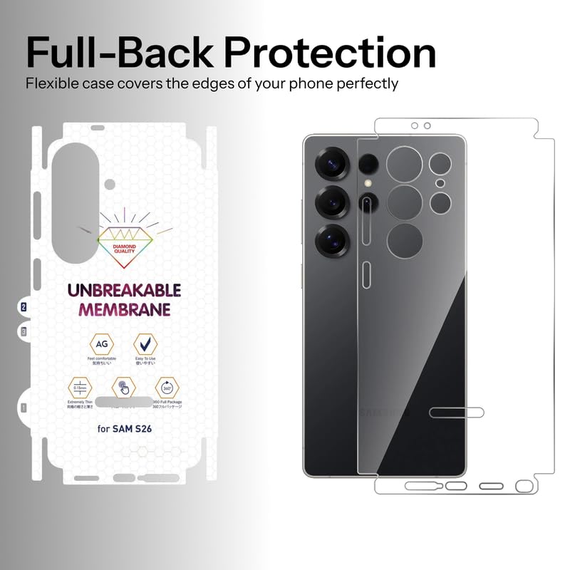 Image of UNBREAKcable Samsung Galaxy S26 Full Coverage Pack of 2 in 1 Full Glue Tempered Glass Combo with Back Membrane Protector 9H Hardness HD Clear Bubble Free Edge to Edge Protection (By ohonesty)
