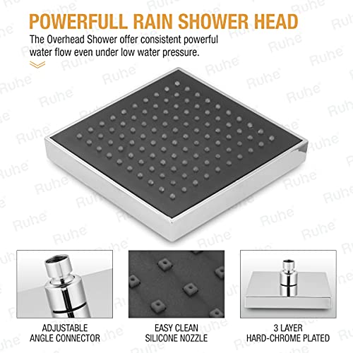 Image of Ruhe Gamma ABS Overhead Shower Complete Set | 6x6 Inches Square Showerhead with 15 Inches Stainless Steel Shower Arm and Wall Flange | Chrome Finish Rain Shower with Easy-to-Clean Silicone Nozzles
