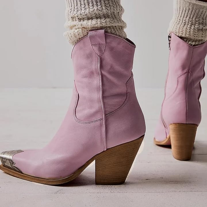 keleimusi Women's Western Cowgirl Ankle Boots Stacked Block Heel Cowboy Booties Steel Toe Heeled Short Cowboy Boots Side Zipper Western Boots for Women - Image 4