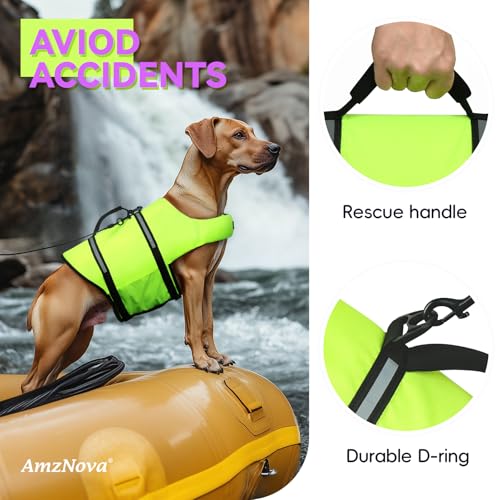 AMZNOVA Rip Stop Hundeschwimmweste, Schwimmweste Hund für Bootfahren, Auftrieb & Schwimmhilfe, Rettungsweste, XS, Leuchtend Gelb