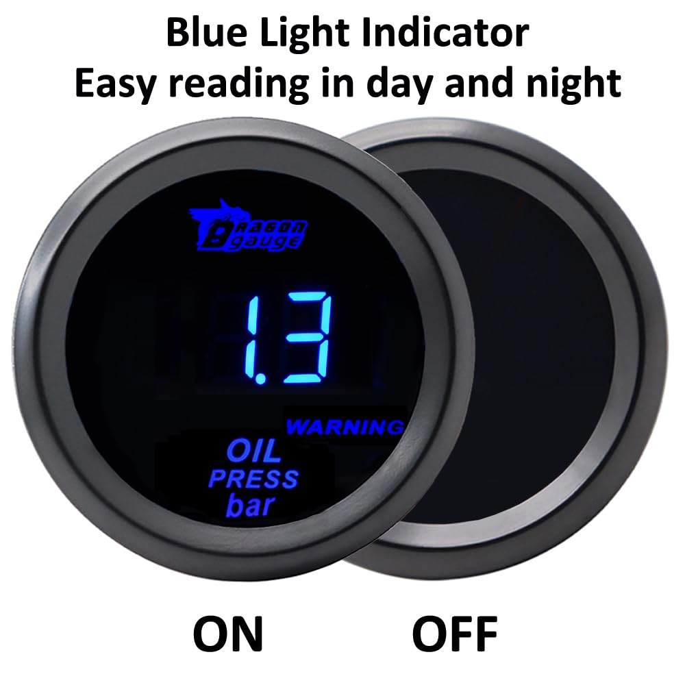 ETOPARS Universelle Auto Öldruckanzeige 2Zoll 52mm Auto Öldruckmesser Messgerät Digitales Bar Öldrucktester Anzeige Öldruck Blau Lichtanzeige Instrument Rauchtönung Len