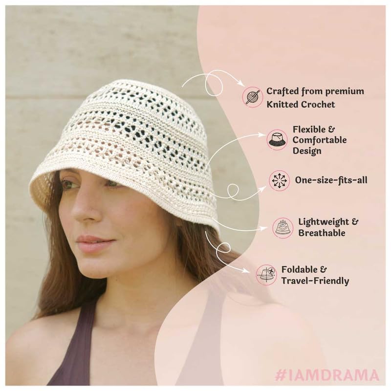 Image of Hair Drama Co. Crochet Bucket Hat for Women | Comfy & Casual Knit Handmade Foldable Floppy Hat | Summer Crochet Bucket Cap for Women & Girls