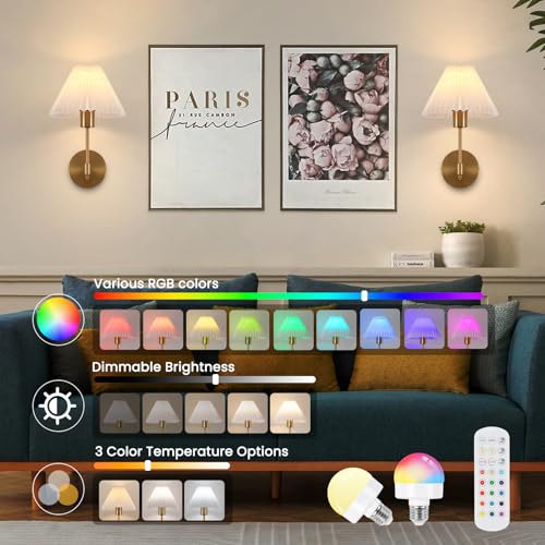 Image of EIDISUNY Wall Sconce Sets of 2, Battery Operated Gold Wall Sconce with Remote Dimmable RGB, Rechargeable Wireless Wall Lights for Bedroom Living Room Kitchen Hallway Wall
