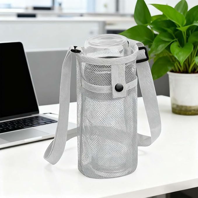 Large Mesh Water Bottle Holder with Adjustable Strap, Water Bottle Carrier Bag for Walking, Crossbody Bottle Tote with Phone Pocket(Grey)