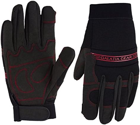Synthetic Leather Work Gloves- Touch Screen Functional- Mechanic/Machine/Tactical/Utility - Tear Vibration Temperature Cut Resistant- Reinforced- Red/Black- One(1) Pair- [Small]