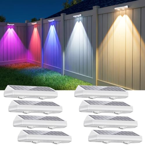 Image of 8 Pack Solar Fence Lights Outdoor ,Warm White + RGB 13 Color Mode Fence Lights Solar Powered with Ultra-Bright Lens IP65 Waterproof,Solar Wall Light for Backyard /Step /Patio /Deck /Stair /Railings(White)